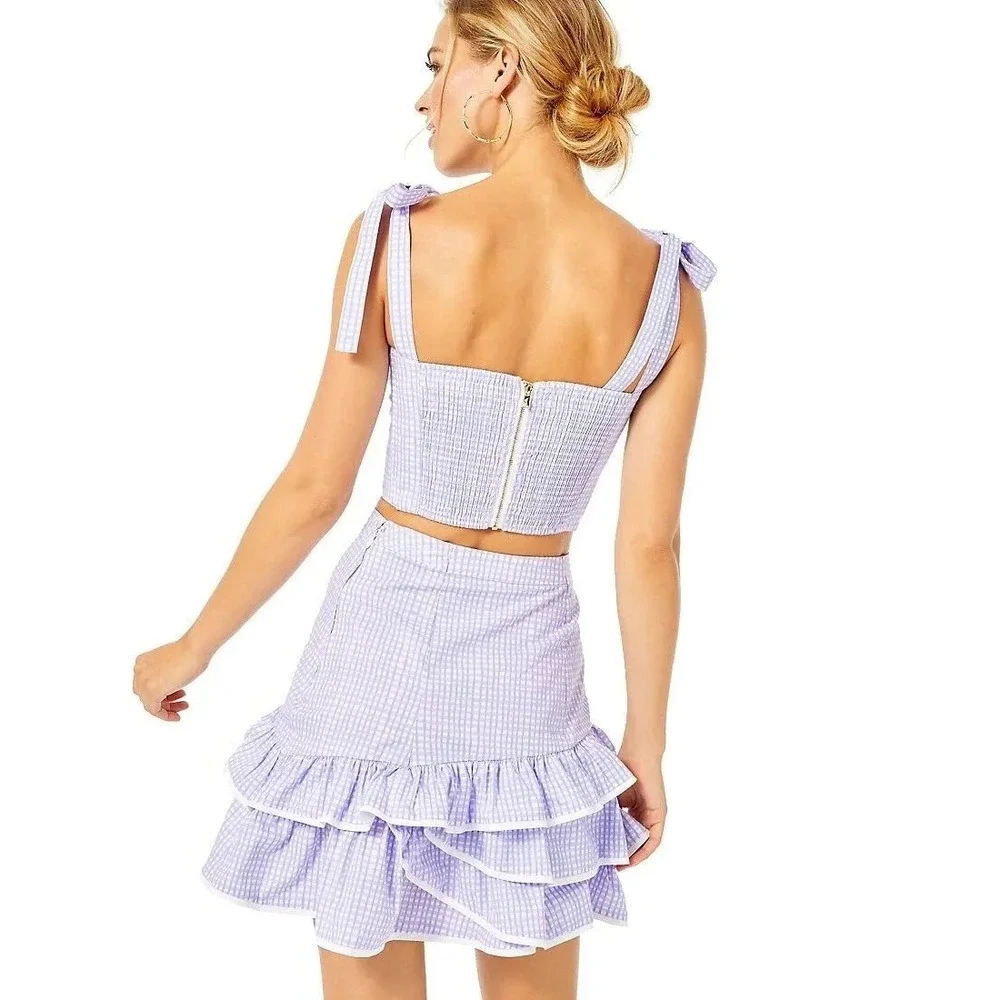 LILLY PULITZER Rosalie Lilac Gingham Crop Top Ruffle Skirt 2 Piece Size 2